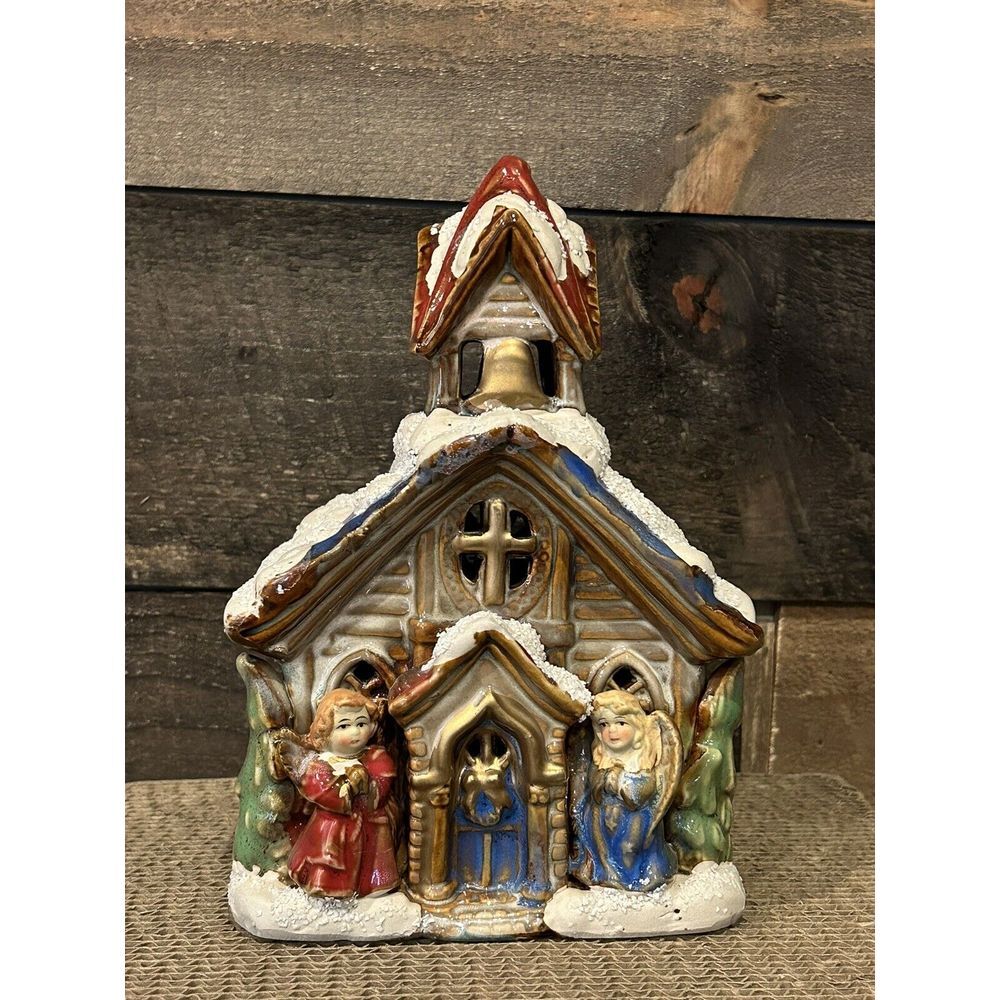 Valerie Parr Hill Glazed Ceramic Church with Angels‎ EUC